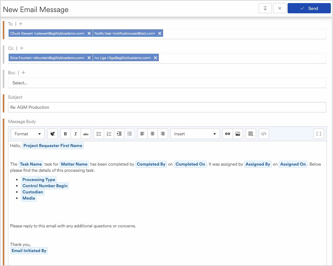 Email message template showing task completion details and recipient information.